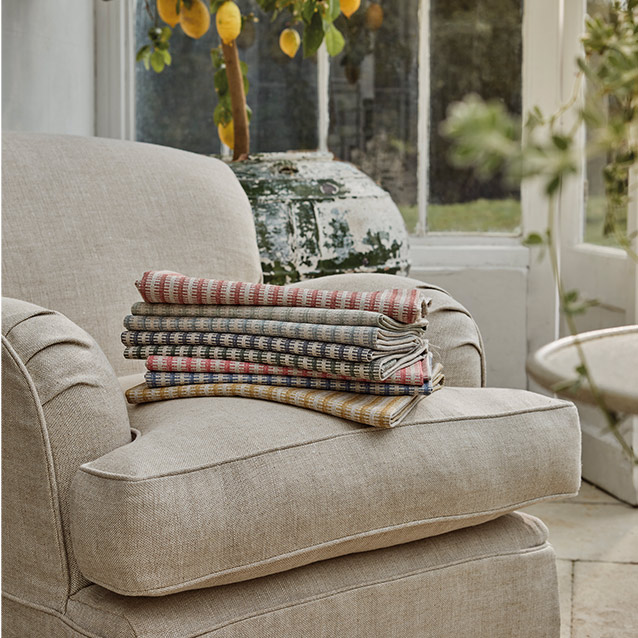 Kentwell Chair in Sole Linen with Stockport Stripe fabric stack